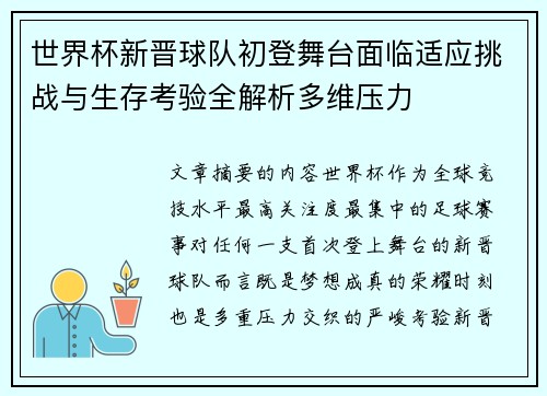 世界杯新晋球队初登舞台面临适应挑战与生存考验全解析多维压力
