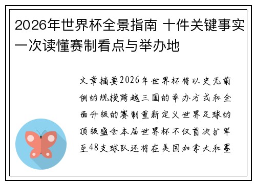 2026年世界杯全景指南 十件关键事实一次读懂赛制看点与举办地